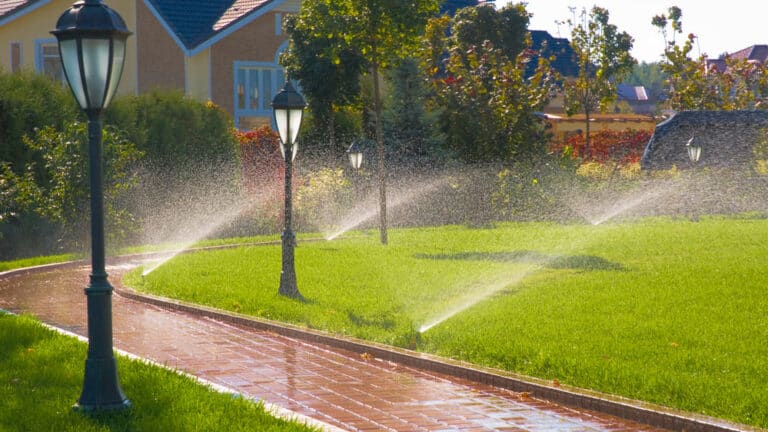 Sprinklers soaking the entire walkway in yard of house