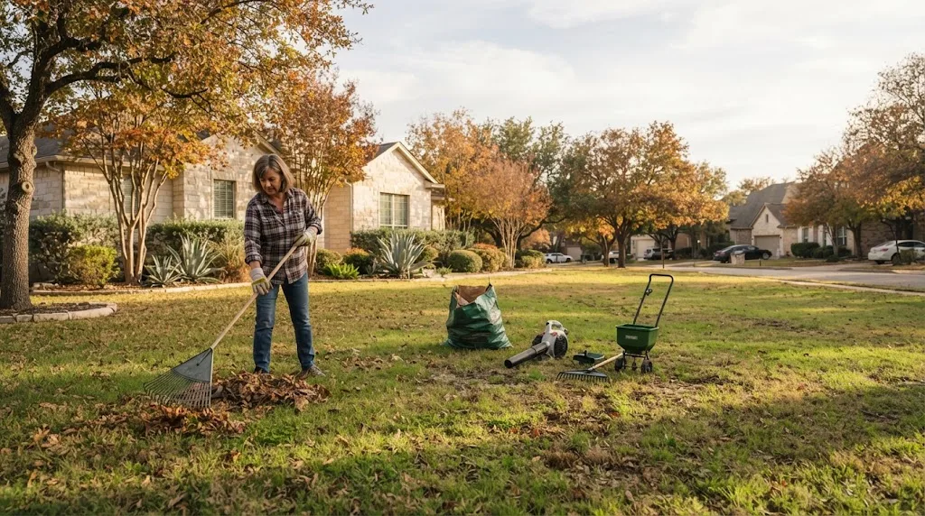 Wide editorial photograph for an article about fall lawn care mistakes in Austin.